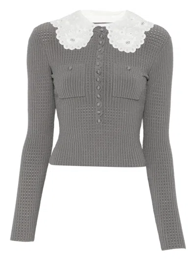 Self-portrait Ribbed Knit Top With Scalloped Lace Collar And Button Detail In Gray