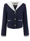 Self-portrait Contrasting Collar Wool Blend Bouclé Jacket In Blue