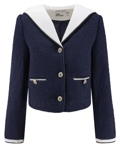 Self-portrait Contrasting Collar Wool Blend Bouclé Jacket In Blue
