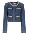 Self-portrait Cropped Denim Jacket With Crystal Chain Trims In Blue