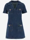 Self-portrait Crystal Bow Mini Denim Dress In Blue