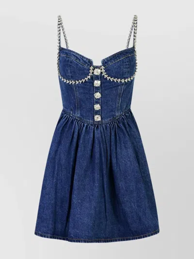 Self-portrait Cotton Dress With Button And Embellished Straps In Blue