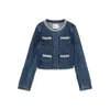 Self-portrait Cropped Denim Jacket With Crystal Chain Trims In Blue