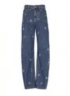 Self-portrait Wide-leg Cotton Jeans With Strass Floral Embellishments In Blue