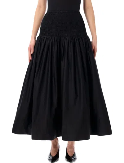 Self-portrait Shirred Cotton-sateen Midi Skirt In Black