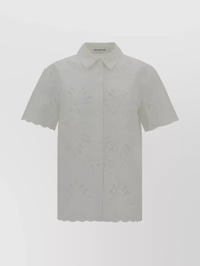 Self-portrait Cotton Shirt With Laser-cut Floral Lace In Gray