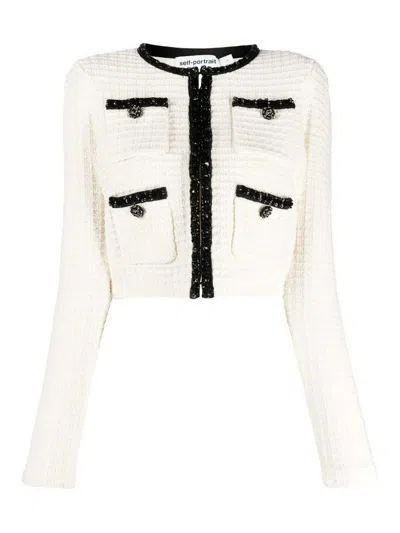 Self-portrait Structured Knit Cropped Cardigan In Beige