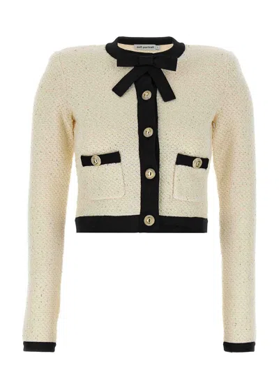 Self-portrait Cream Sequin Pussy Bow Cardigan In Neutral