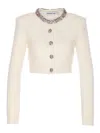 Self-portrait Whirw Cropped Crewneck Cardigan With Crystal Embellishments On Collar And Buttons In Wool Blend Woma In White