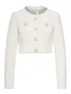 Self-portrait White Crewneck Cropped Cardigan With Crystal Embellishments On The Collar In Cotton Blend Woman In White