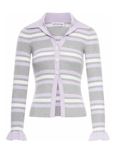 Self-portrait Ribbed Cardigan With Fantasy In Multi