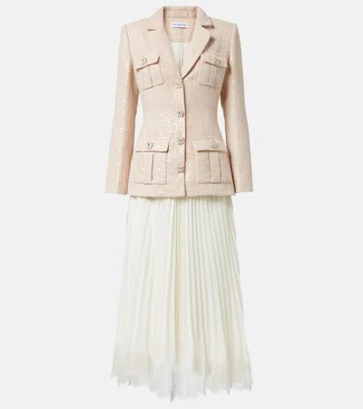 Self-portrait Sequined Bouclé And Chiffon Midi Dress In Cream