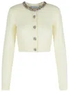 Self-portrait Cropped Sweater With Textured Boucle Knit And Crystal Embellishments In White