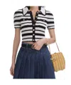 Self-portrait Cream And Black Striped Crochet Top Cream Black In Black