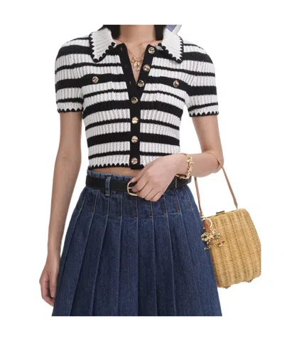 Self-portrait Black And White Striped Crochet Top In Beige