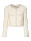 Self-portrait White Crewneck Jacket With Sequin And Faux-pearls Embellishments In Tech Fabric Woman In White