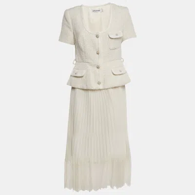 Pre-owned Self-portrait Cream Boucle & Chiffon Tailored Midi Dress M In White
