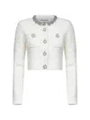 Self-portrait Cropped Sweater With Textured Boucle Knit And Crystal Embellishments In White