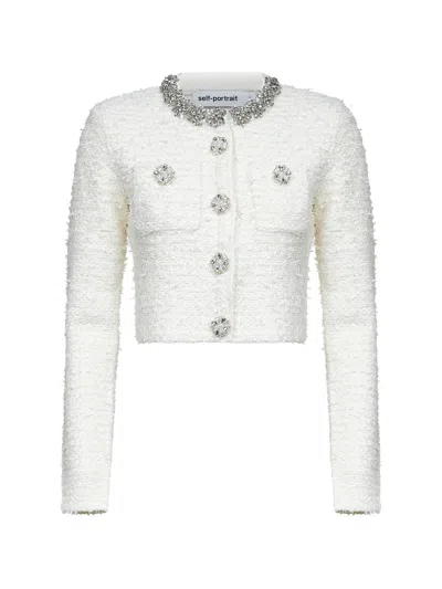 Self-portrait Cream Bouclé Knit Cardigan In White