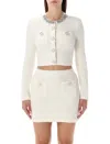Self-portrait White Crewneck Cropped Cardigan With Crystal Embellishments On The Collar In Cotton Blend Woman In White