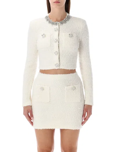 SELF-PORTRAIT SELF-PORTRAIT CREAM BOUCLÉ KNIT CROPPED CARDIGAN WITH CRYSTAL BUTTONS