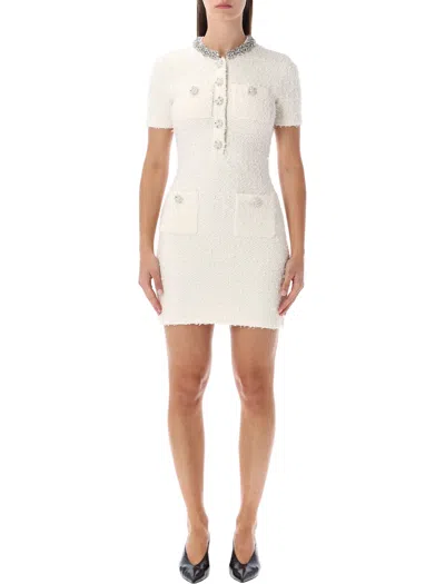 Self-portrait Cream Bouclé Knit Mini Dress With Crystal Buttons In White