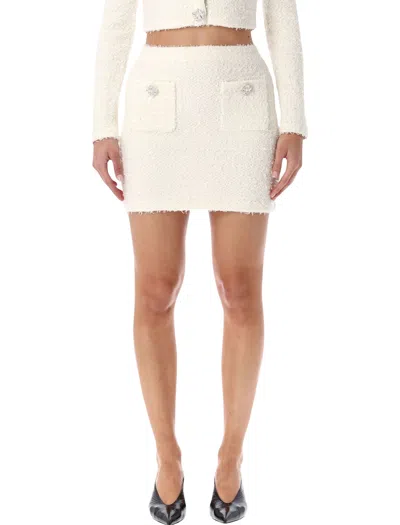Self-portrait White Miniskirt With Pearl Embellishments And Button Detail In Tech Fabric Woman