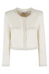Self-portrait White Crewneck Jacket With Sequin And Faux-pearls Embellishments In Tech Fabric Woman In Cream