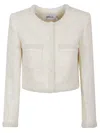 Self-portrait White Crewneck Jacket With Sequin And Faux-pearls Embellishments In Cream