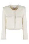 Self-portrait White Crewneck Jacket With Sequin And Faux-pearls Embellishments