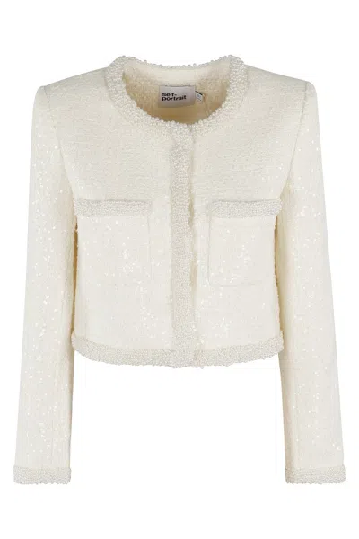 SELF-PORTRAIT CREAM BOUCLE PEARL TRIM JACKET