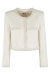 Self-portrait White Crewneck Jacket With Sequin And Faux-pearls Embellishments In Tech Fabric Woman In Neutrals