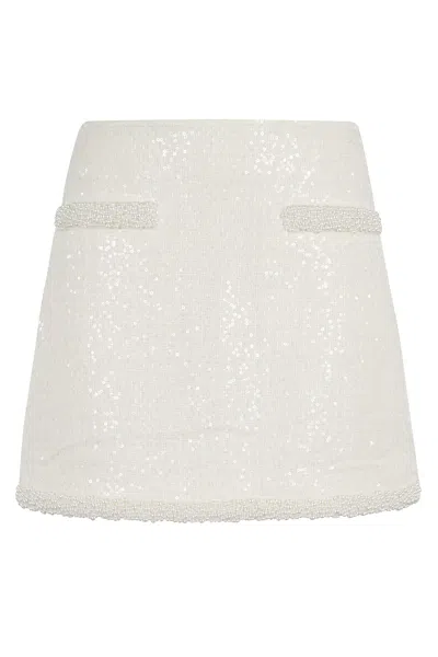 SELF-PORTRAIT CREAM BOUCLE PEARL TRIM MINI SKIRT
