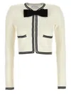 Self-portrait Beige Cardigan With Bow Detail On The Front And Contrasting Trims In Cotton Blend Woman