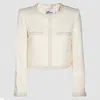 Self-portrait White Crewneck Jacket With Sequin And Faux-pearls Embellishments In Tech Fabric Woman In Cream