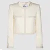 Self-portrait White Crewneck Jacket With Sequin And Faux-pearls Embellishments In Tech Fabric Woman