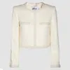 Self-portrait White Crewneck Jacket With Sequin And Faux-pearls Embellishments In Tech Fabric Woman