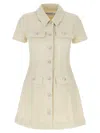 Self-portrait Structured Beige Dress With Classic Collar And Flap Pockets In White
