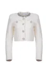Self-portrait White Crewneck Cropped Cardigan With Crystal Embellishments On The Collar In Cotton Blend Woman In White