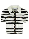 Self-portrait Cream And Black Striped Crochet Top Cream Black