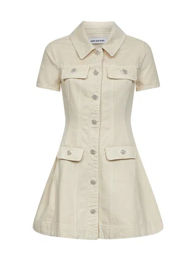 SELF-PORTRAIT CREAM COTTON DENIM MINI DRESS