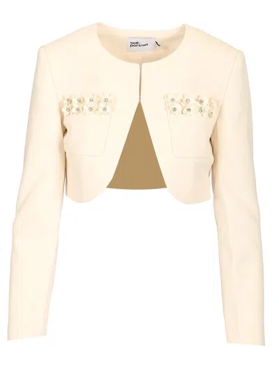 Self-portrait Cream Crepe 3d Sequin Jacket Dresses Beige In Neutral