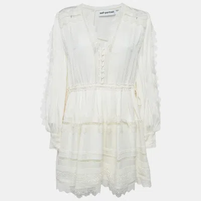 Pre-owned Self-portrait Cream Crepe Lace Trimmed Mini Dress M In White