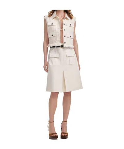 Self-portrait Cream Denim Midi Skirt In White