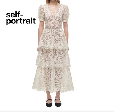 Pre-owned Self-portrait Self Portrait Cream Embellished Tiered Dress In Ivory