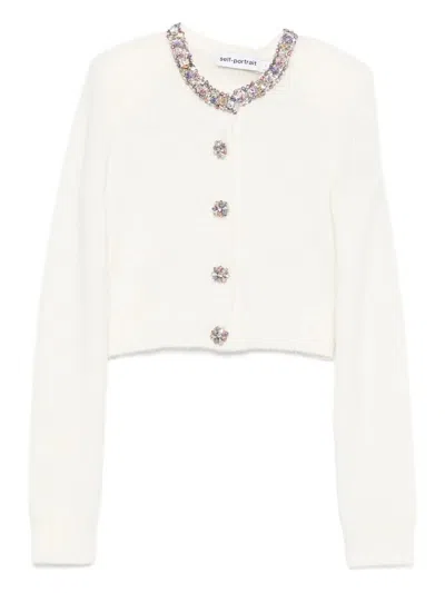 Self-portrait Cream Embellished Trim Cardigan Clothing In White