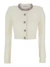 Self-portrait Whirw Cropped Crewneck Cardigan With Crystal Embellishments On Collar And Buttons In Wool Blend Woma In White