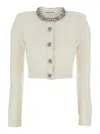 Self-portrait Whirw Cropped Crewneck Cardigan With Crystal Embellishments On Collar And Buttons In Wool Blend Woma In White