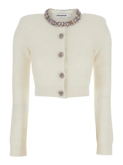 SELF-PORTRAIT WHIRW CROPPED CREWNECK CARDIGAN WITH CRYSTAL EMBELLISHMENTS ON COLLAR AND BUTTONS IN WOOL BLEND WOMA