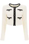 SELF-PORTRAIT SHORT WAFFLE KNIT JACKET FOR WOMEN IN CREAM WHITE AND BLACK